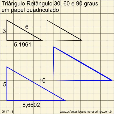 Triângulo retângulo de 30-60-90 graus em papel quadriculado