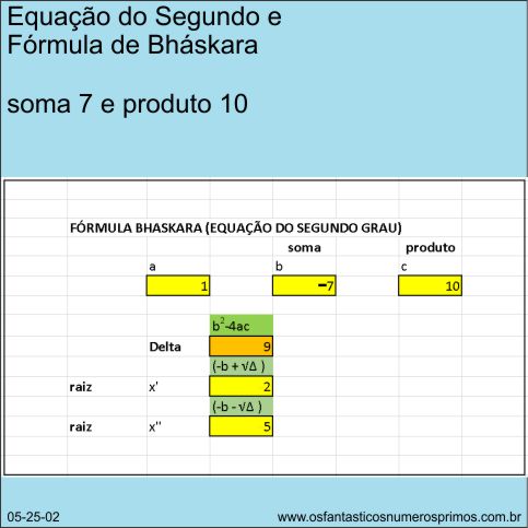 equação do segundo grau - fórmula de Bháskara - soma 7 - produto 10