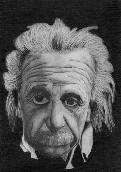 Ilustração de Albert Einstein com técnica de grafite 6B e esfuminho