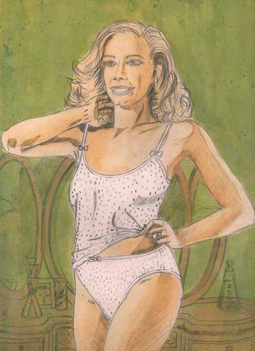 Ilustração de mulher em pé com langerie com técnica de grafite e aguada de guache