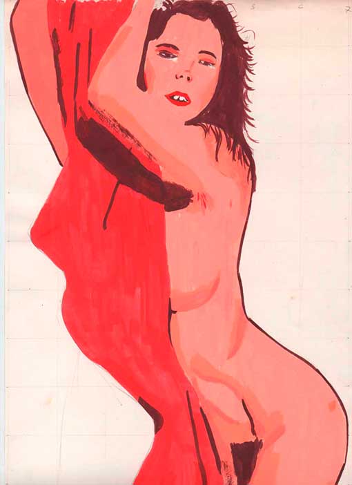 Ilustração de mulher atraz de cortina com tinta guache