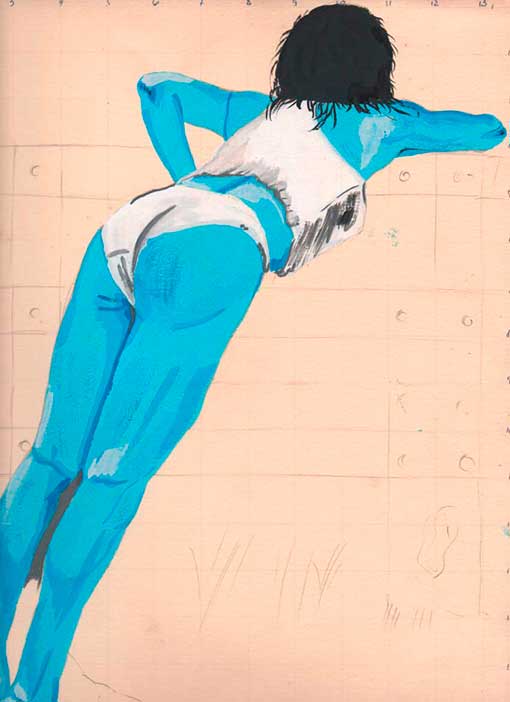 Ilustração de mulher olhando por cima de muro com tinta guache