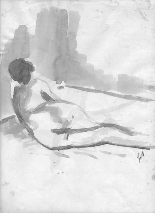 Ilustração de mulher deitada em aguada de nankin