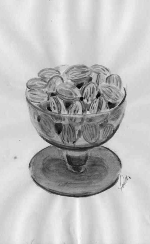 Ilustração de taça com amêndoas em aguada de nankin