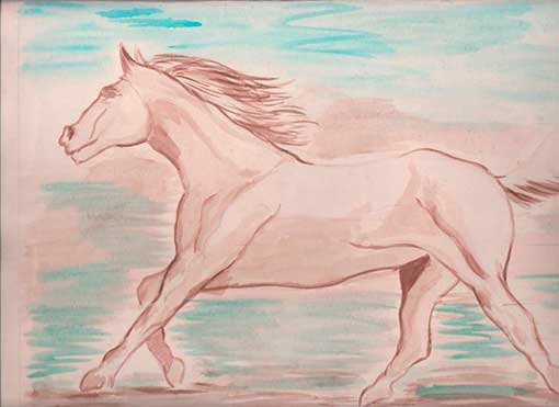 Ilustração de cavalo correndo com técnica de grafite e aguada de guache