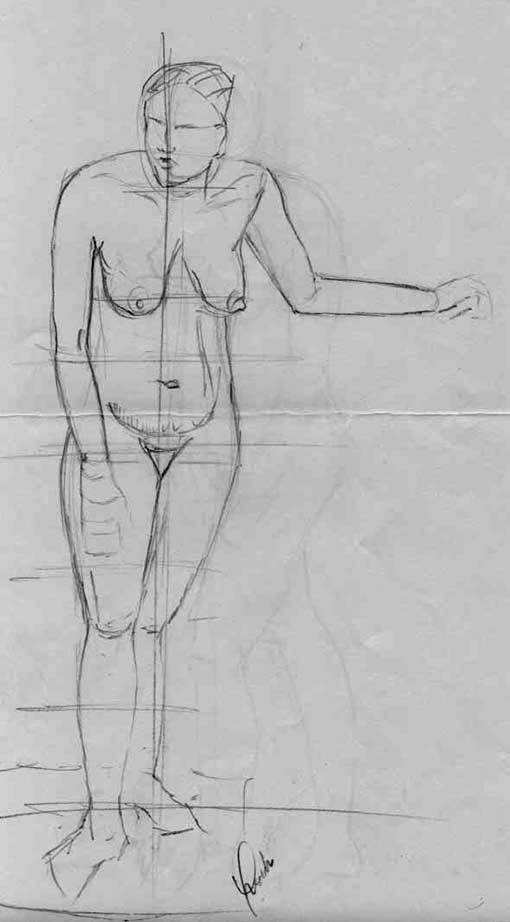 Desenho de mulher em pé com braço estendido - técnica grafite 6B