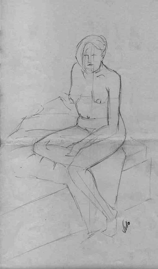 Desenho de mulher sentada e braço sobre a perna - técnica grafite 6B