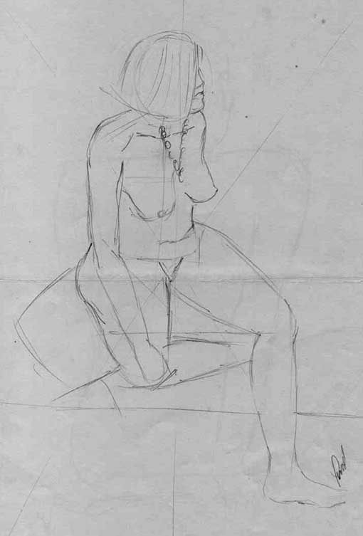 Desenho de mulher com colar e sentada - técnica grafite 6B