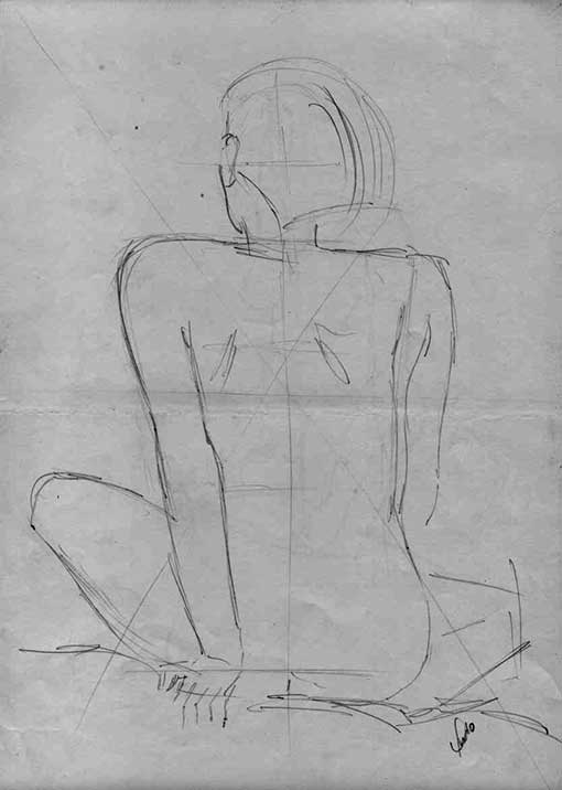 Desenho de mulher sentada e de costas - técnica grafite 6B