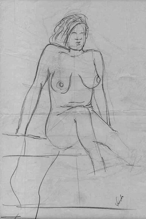 Desenho de mulher sentada e olhando para frente - técnica grafite 6B
