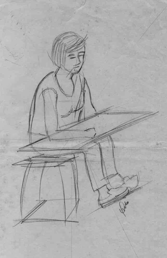 Desenho de moça desenhando sobre a prancheta - técnica grafite 6B