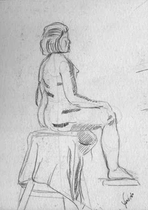 Desenho de senhora sentada no banquinho - técnica grafite 6B