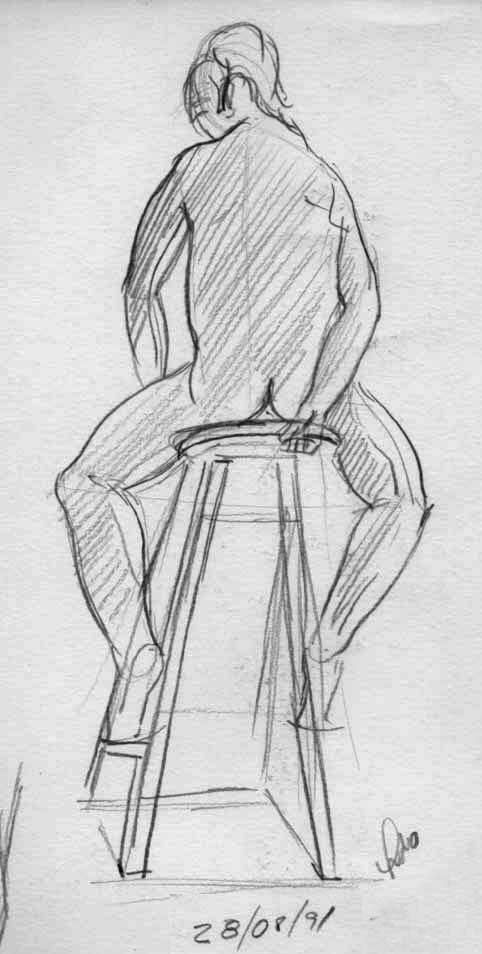 Desenho de homem sentado em banqueta - técnica grafite 6B