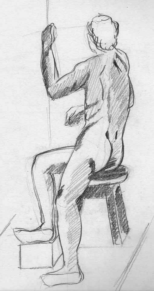 Desenho de homem sentado em banquinho e de lado - técnica grafite 6B