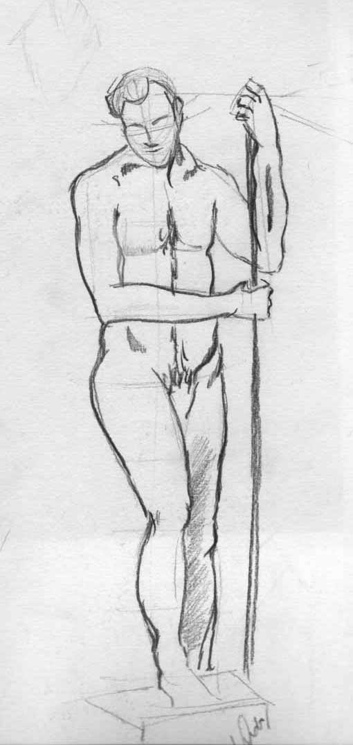 Desenho de homem com o pé em pedestal - técnica grafite 6B