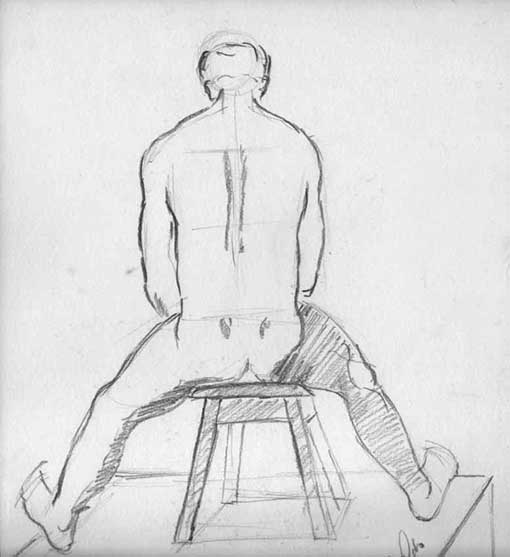 Desenho de homem sentado e de costas - técnica grafite 6B